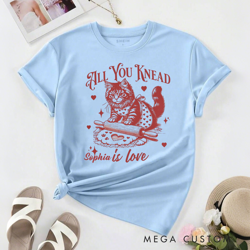 Personalized All You Knead is Love Classic T-shirts Vintage Cat Biscuits Kneading Dough Tshirt with Name Valentine's Day Gift for Women Cat Lover Her