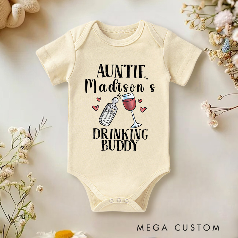 Personalized Auntie Madison Drinking Buddy Baby Onesie Gift for New Baby