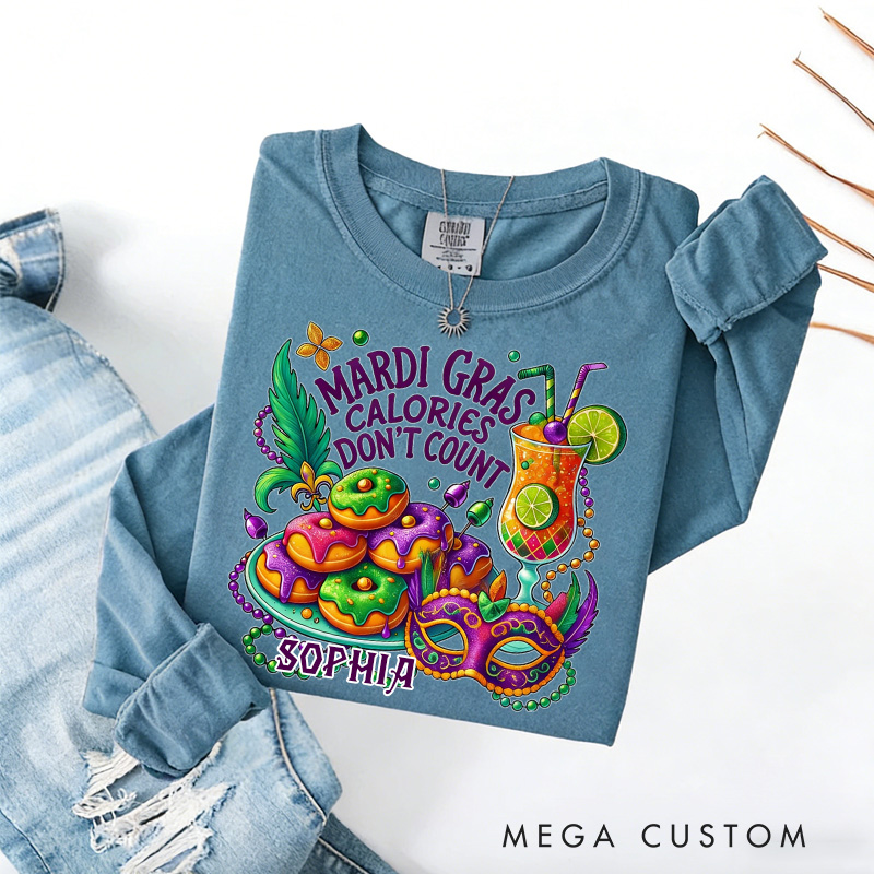 Personalized Mardi Gras Calories Don't Count Donut Coquette Sweatshirt with Name Mardi Mask Bead Shirt Gift for Women Her