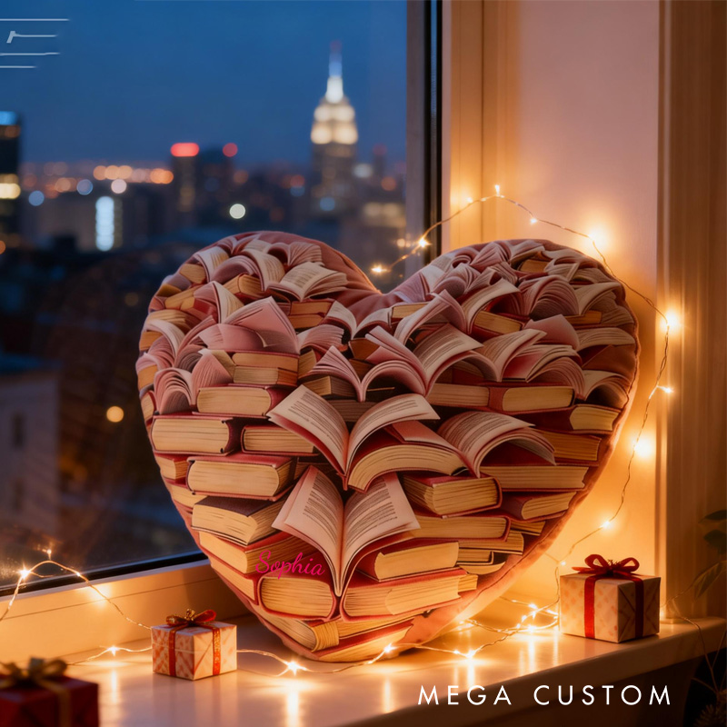 Personalized Book Heart Throw Pillow Graphic 3D Print Bookish Pillow Valentine Pillow with Name for Kids Boy Girl Gift for Reading Lover
