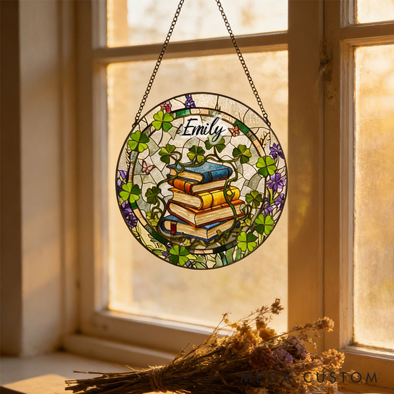 Personalized Shamrock and Books Stained Glass Suncatcher Literary Window Hanging for Reading Lovers 