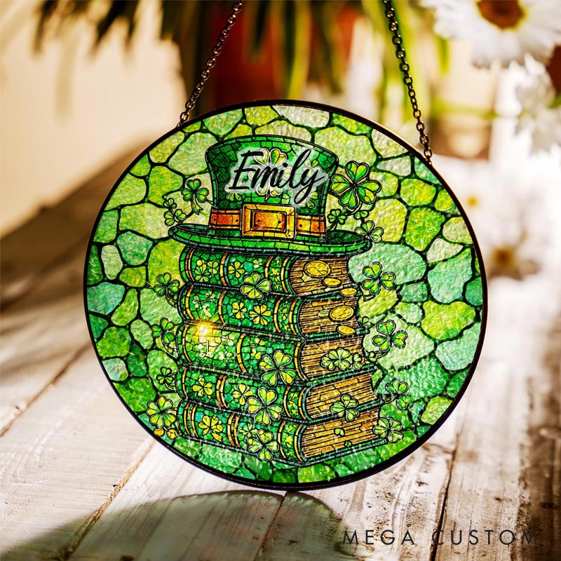 Personalized Lucky Leprechaun Hat Stained Glass Suncatcher Clover Books Decor for Reading Lovers 