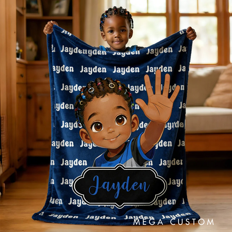 Personalized Cute Cartoon Little Black Boy Soft Throw Blanket with Name Home Decor Birthday Anniversary Gift for Boys