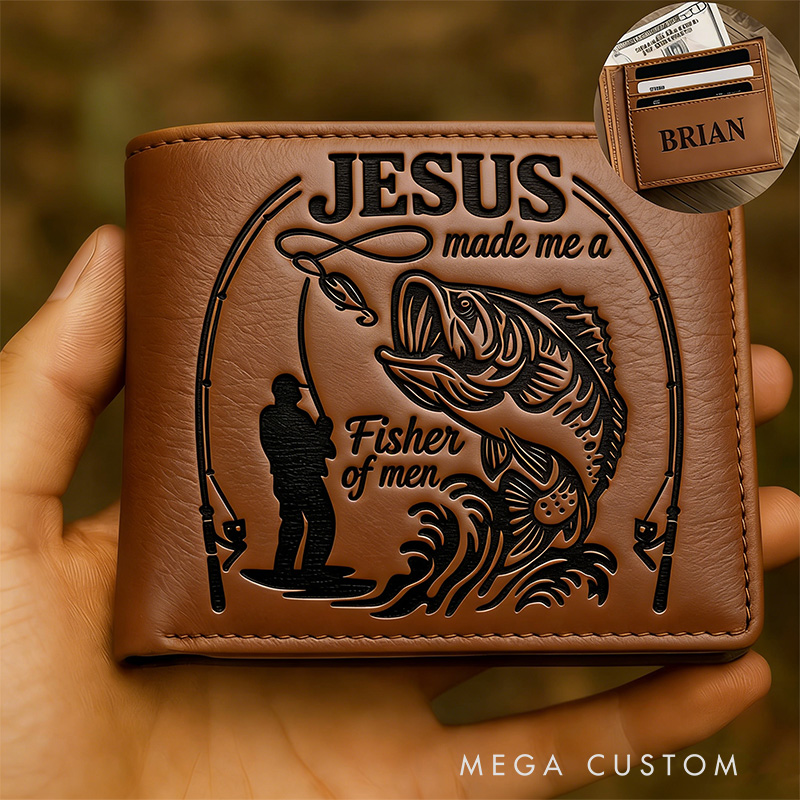 Personalized Jesus Made Me A Fisher of Men Leather Bifold Wallet with Custom Name Christian Fishing Multi Pocket Wallet Religious Gift for Men Dad