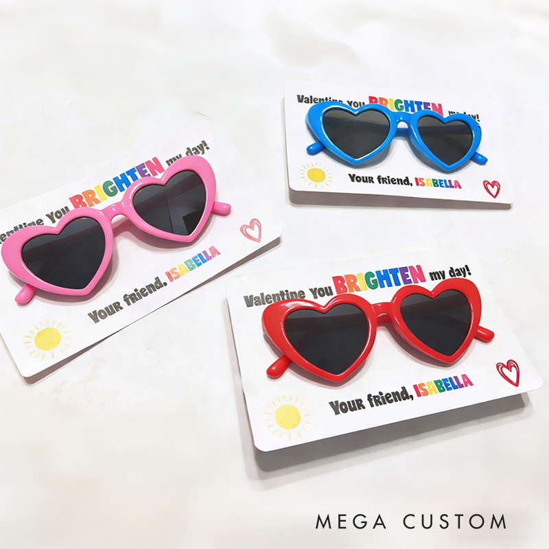Personalized Valentine’s Heart Sunglasses Card for Kids Custom Name Gift with Fun Design Classroom Exchange School Non Candy Free