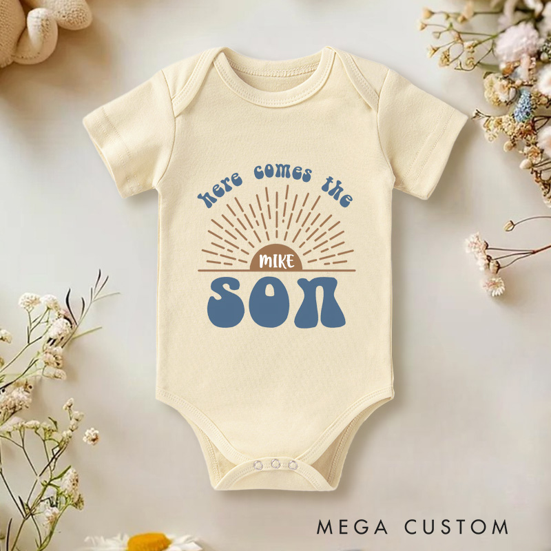 Personalized Here Comes The Son Baby Onesie Retro Announcement Gift