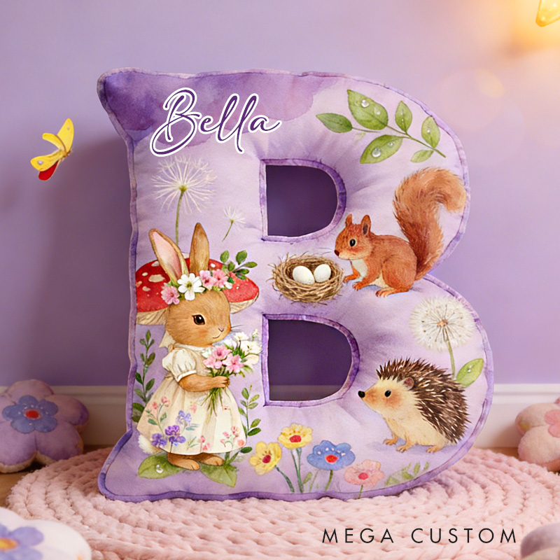 Personalized Woodland Animal Theme Custom Name Cute Bunny Hedgehog and Squirrel Pattern 3D Print Pillow
