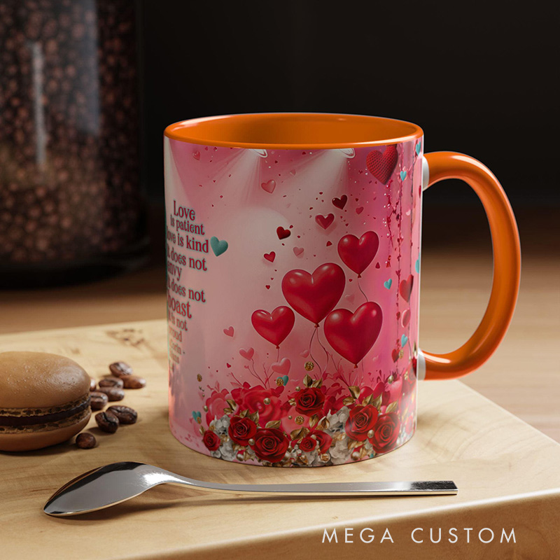 Personalized Love is Patient 11oz Ceramic Mug with Custom Names and Date Valentines Day Coffee Mug 1 Corinthians 13:4 Bible Verse Cup Wedding Gift