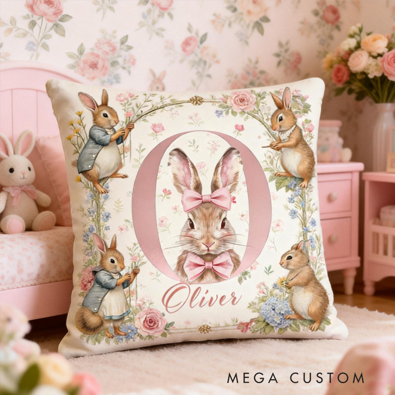 Personalized Bunny Theme Custom Name Cute Vintage Rabbit and Flower Pattern Nursery 3D Print Pillow