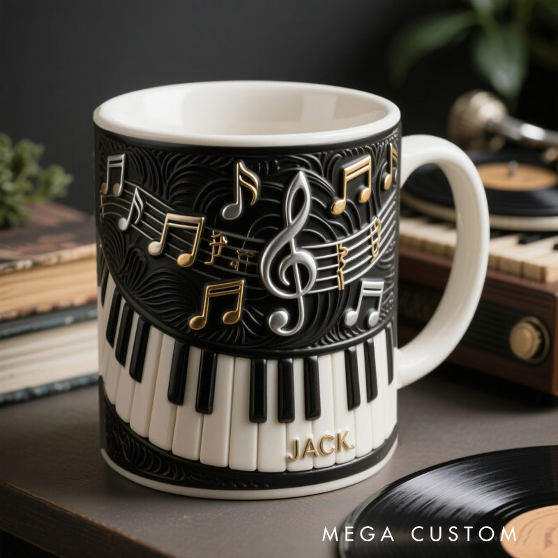 Personalized 2D Flat Melodic Keys Mug Custom Vinyl Records Themed Mug for Music Lovers
