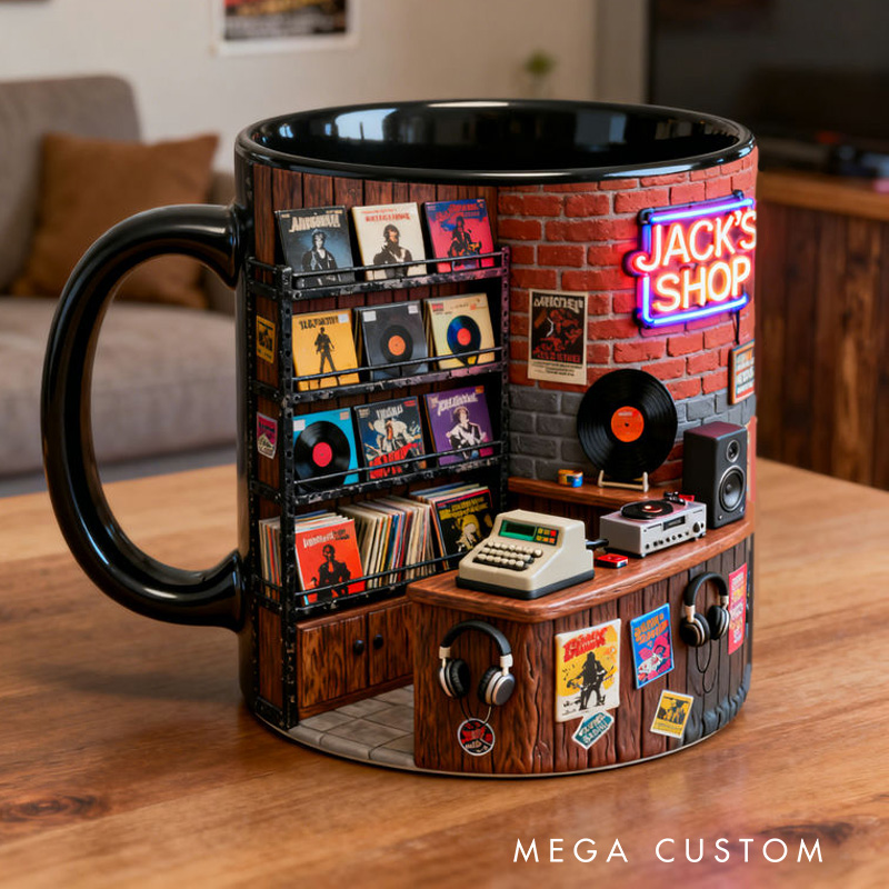 Personalized 2D Flat Retro Vinyl Store Mug Custom Vinyl Records Themed Mug for Music Lovers