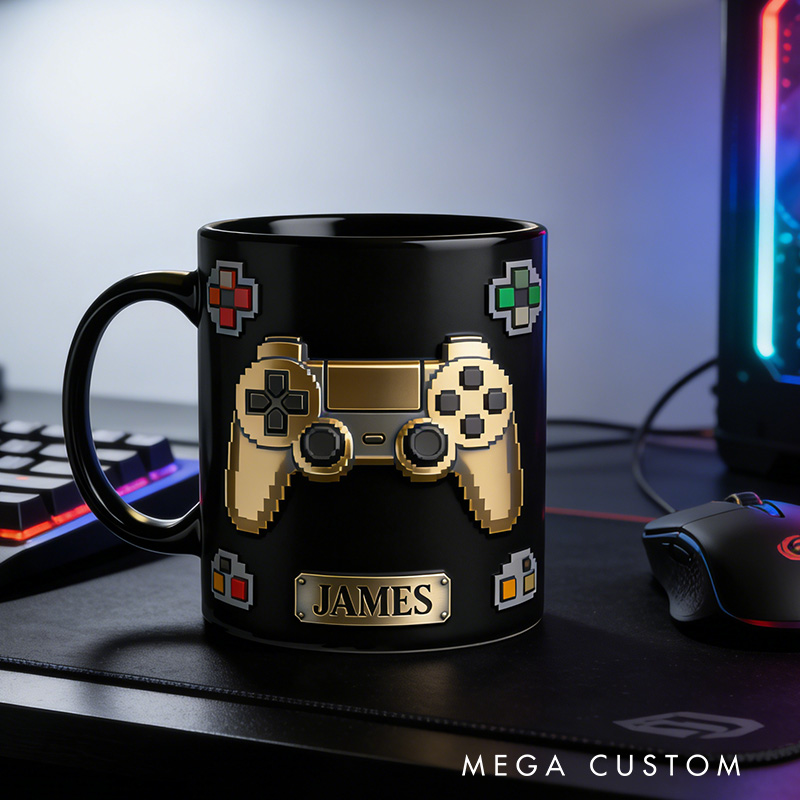 Personalized 2D Flat Golden Gamer Mug Gamer Mug Player Controller Video Game Mug Gamer Gift Coffee Mug