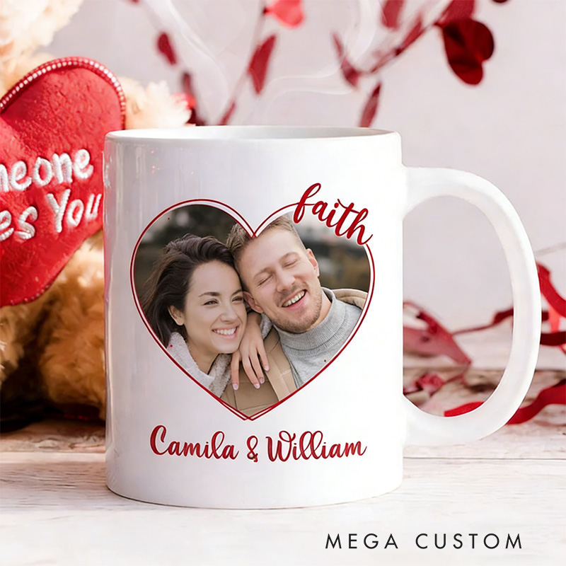Personalized Faith Heart Line Photo 11oz 15oz Ceramic Coffee Mug with Custom Names Religious Christian Gift Valentine's Day Gift for Couples
