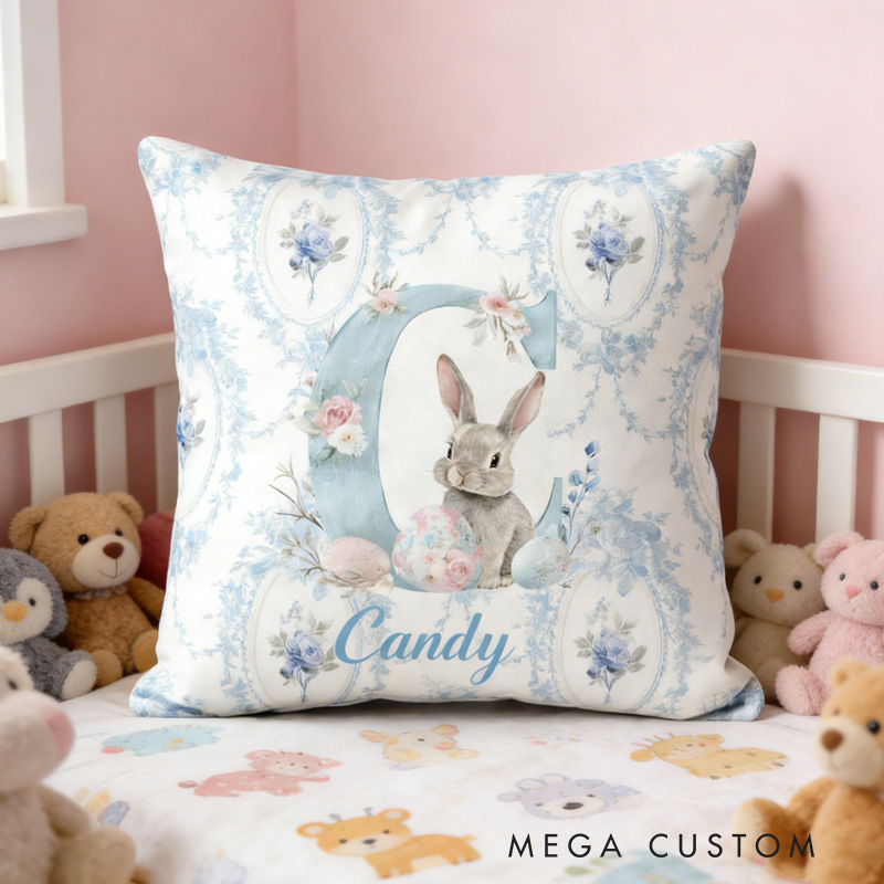 Personalized Bunny Theme Custom Name Soft Blue Floral Rabbit Pattern Baby Nursery 3D Print Pillow