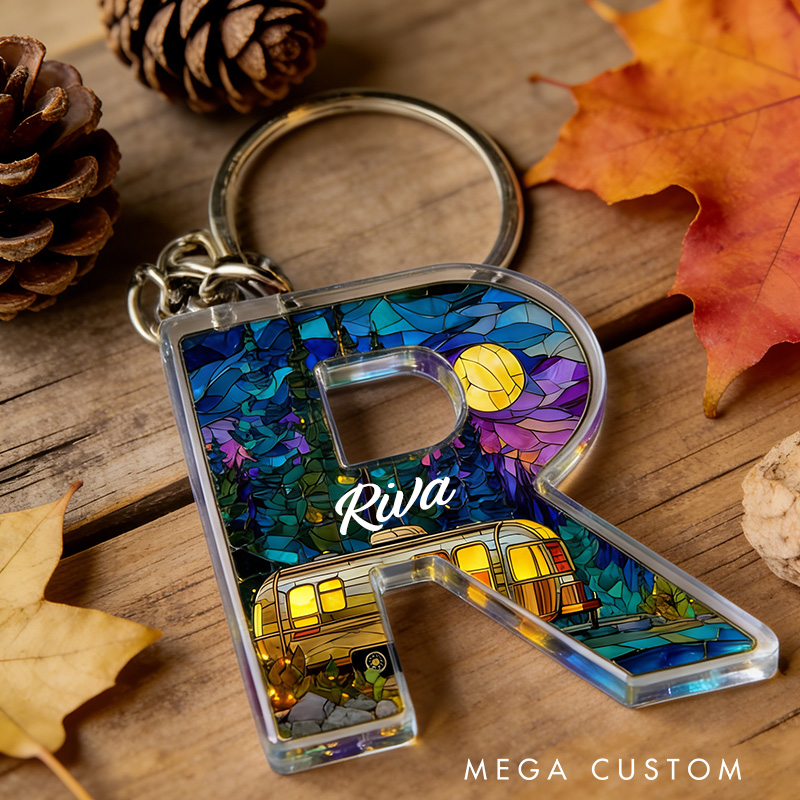Personalized Initial Keychain with Camper Custom Outdoors Camping Lover Keychain Couple Adventure Gift