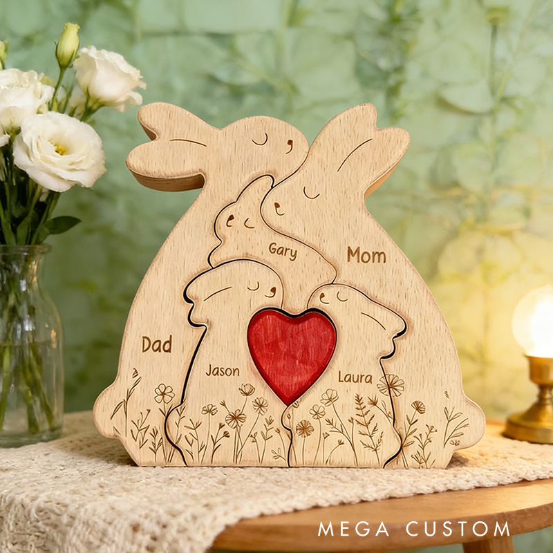 Personalized Wooden Bunny Family Decor Custom Engraved Name Sign Rustic Home Decoration Gift for Mom Dad Kids Birthday Mother's Day Father's Day