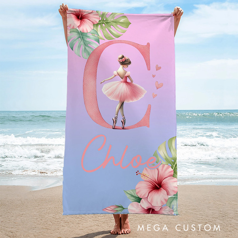 Personalized Rose Cartoon Ballerina Girl Beach Towel Ballet Lover Beach Towel with Name for Dance Lovers Dance Team Birthday Gift for Girls