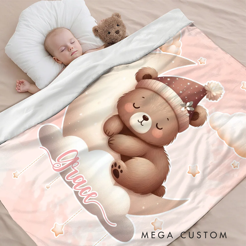 Personalized Moon Cloud Star Cute Cartoon Sleeping Animal Soft Throw Blanket with Name Home Decor Birthday Christmas Gift for Kids