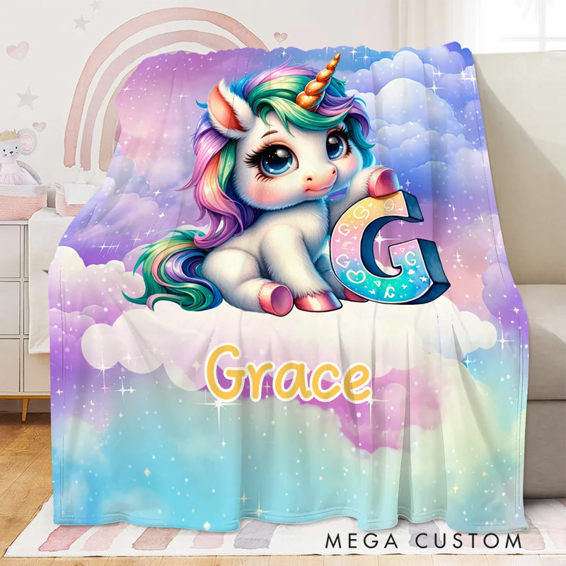 Personalized Gradient Dreamy Fantasy Unicorn Initial Design Soft Throw Blanket with Name Room Decor Christmas Gift for Women Girls