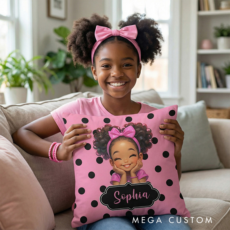 Personalized Girl Theme Custom Name Cute Pink Polka Dot Cartoon Character Style 3D Print Pillow