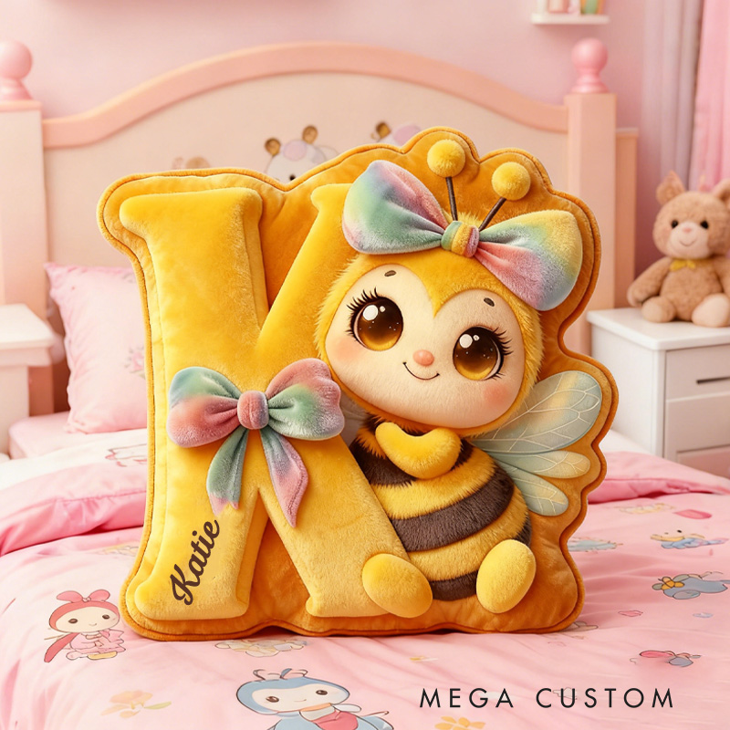 Personalized Cute Honey Bee Alphabet Throw Pillow Graphic 3D Print Garden Bee Letter Pillow with Name for Kids Girl Boy Gardener Christmas Gifts Loving Room Decor