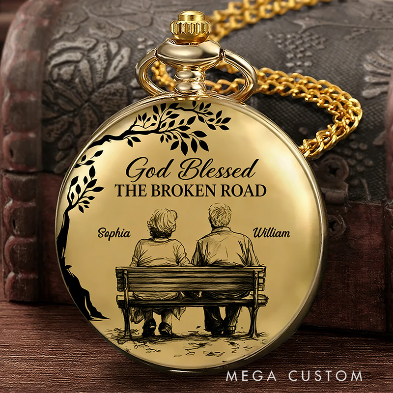 Personalized God Blessed the Broken Road that Led Me Straight to You Pocket Watch with Custom Names Religious Gift for Couple Valentine's Day Gift