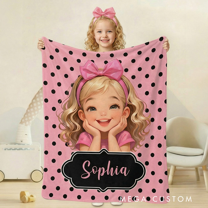 Personalized Girl Theme Custom Name Cute Pink Polka Dot Cartoon Character Style Soft Blanket