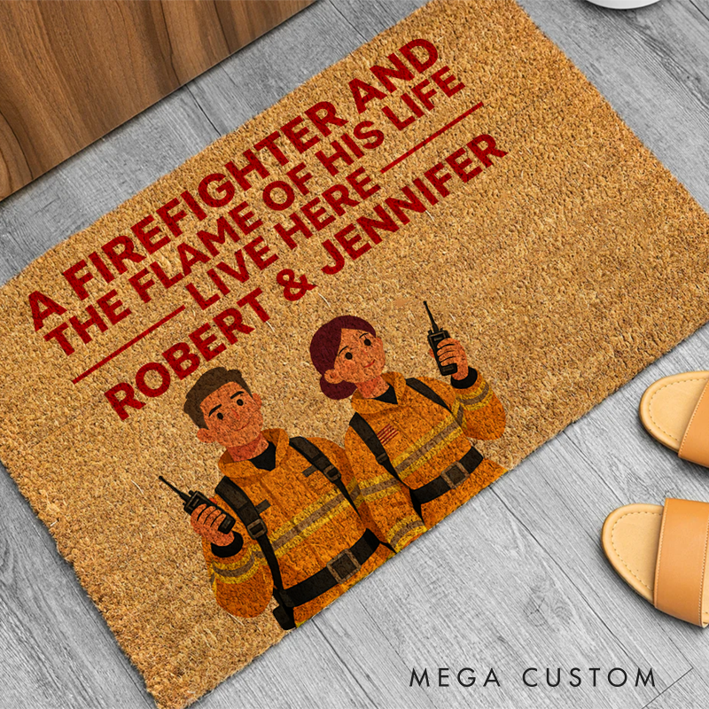 Personalized Firefighter Couple Doormat Custom Entryway Rug Gift for Firefighter Families