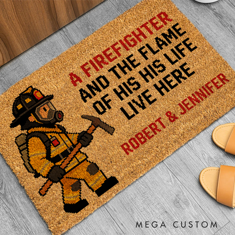 Personalized Firefighter Pixel Art Doormat Custom Couple's Entryway Rug