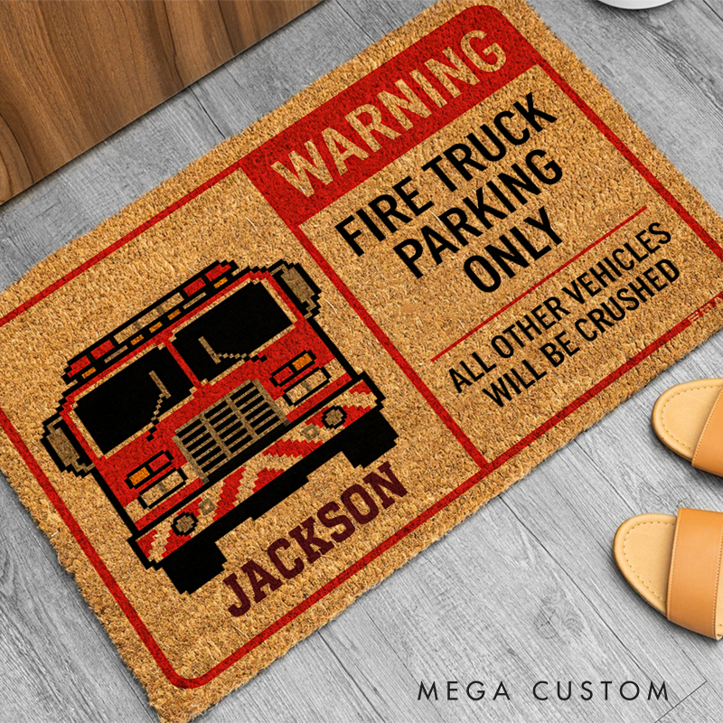 Personalized Fire Truck Parking Doormat Fun Custom Entryway Rug