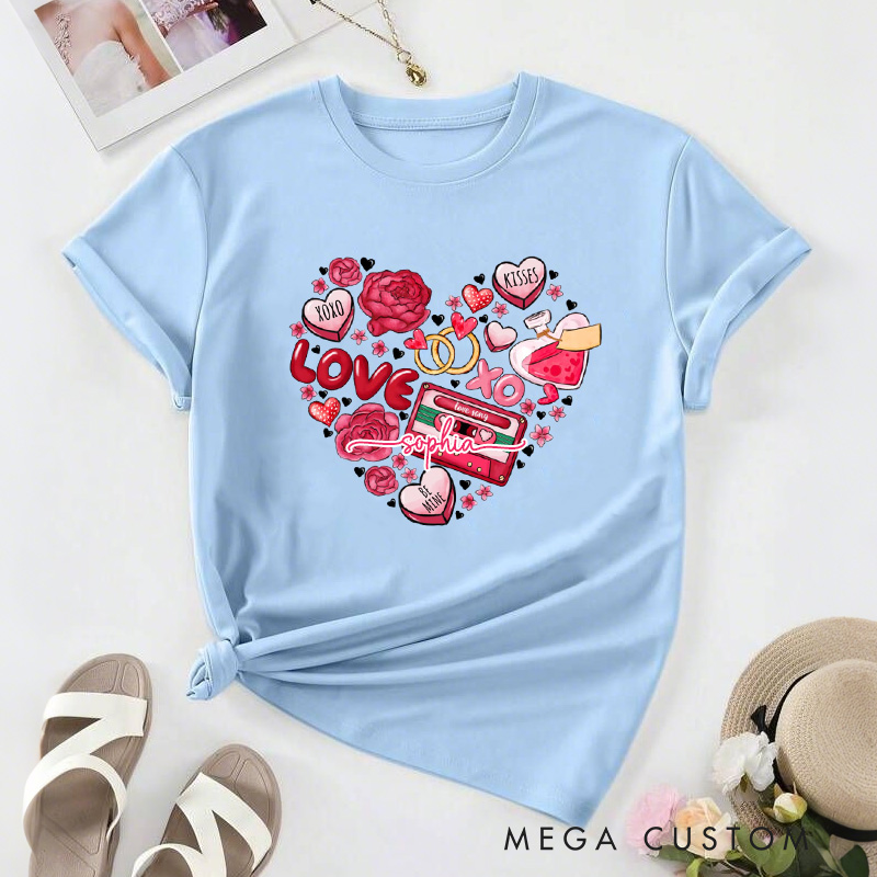 Personalized Heart Valentine Classic T-shirts Xoxo Cozy Shirt with Name Cookie Heart Valentine's Day Gift for Women Baking Lover Her