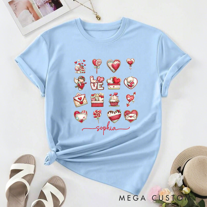 Personalized Whimsical Cookie Classic T-shirts Cute Cookie Style Xoxo Cozy Shirt with Name Cookie Heart Valentine's Day Gift for Women Baking Lover Her