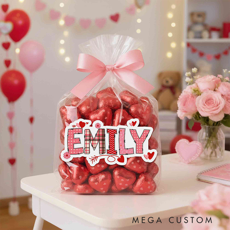 Personalized Valentine Theme Custom Name Cute Red Heart Love Pattern Gift Bag Stickers