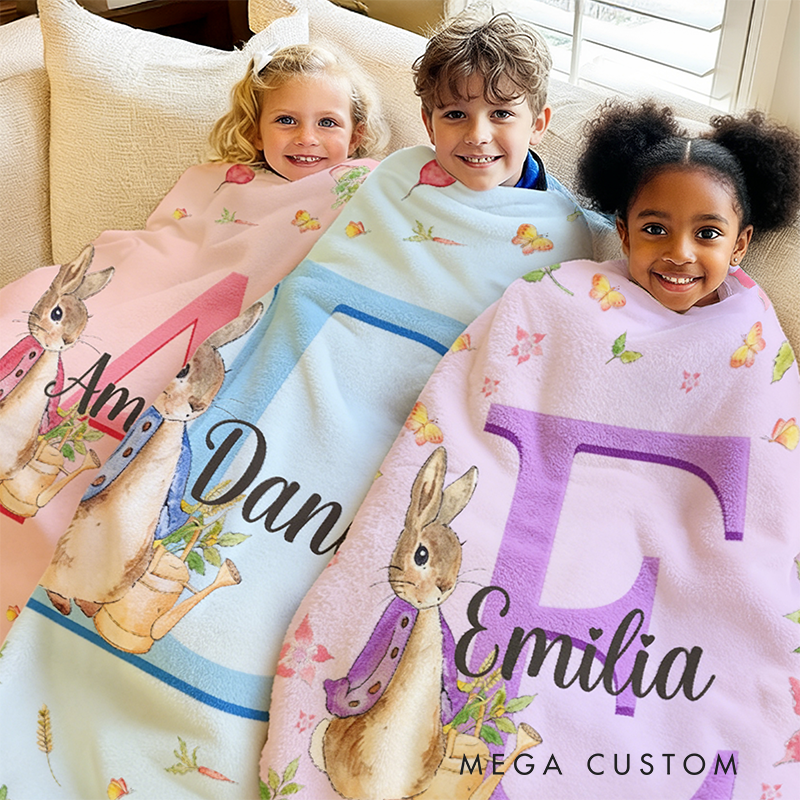 Personalized Name Peter Rabbit Bunny Alphabet Blanket Flannel Sherpa Bed Couch Throw Nursery Home Decor Birthday Easter Gift for Newborns Kids