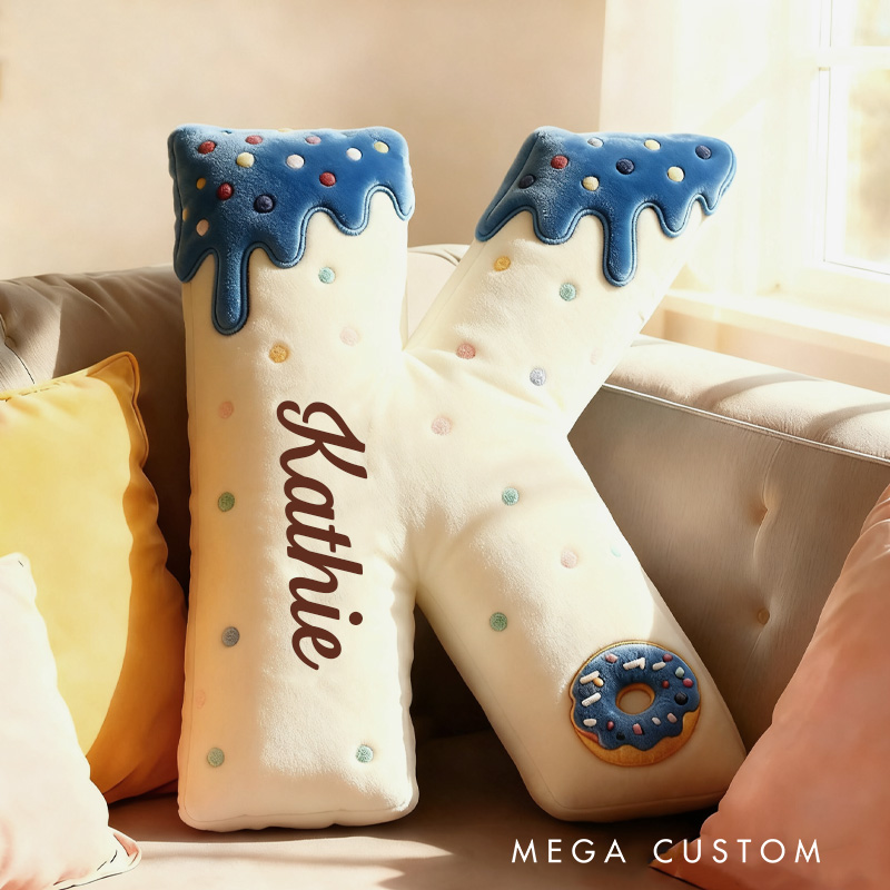 Personalized Blue Donut Alphabet Throw Pillow Graphic 3D Print Donut Letter with Name for Kids Boys Girls Family Baker Christmas Gift 