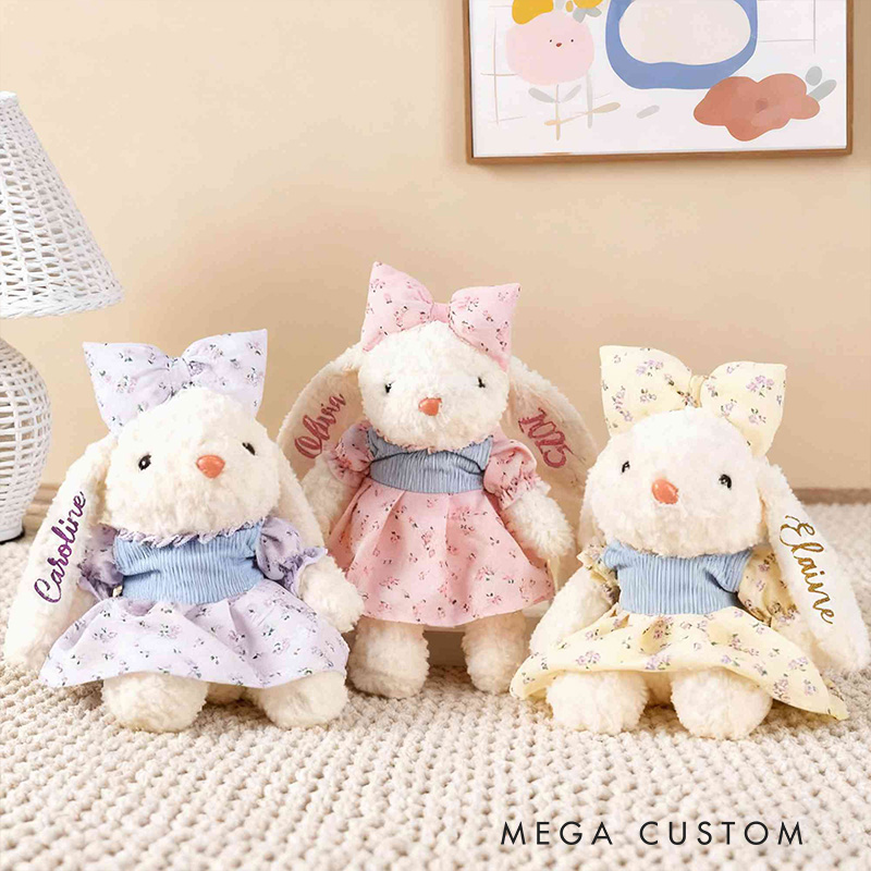 Personalized Cute Bunny Theme Custom Name Adorable Rabbit with Bow and Floral Dress Bunny Doll Toy