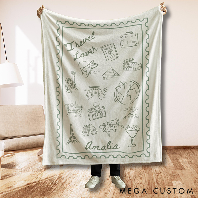 Personalized World Map Throw With Travel Stamps Blanket with Name Quick Dry Oversized Microfiber Travel Essentials Birthday Gift for Her