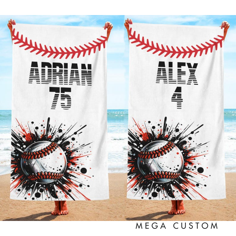 Personalized Baseball Beach Towel with Custom Name Number and Bold Baseball Design Perfect for Fans and Players