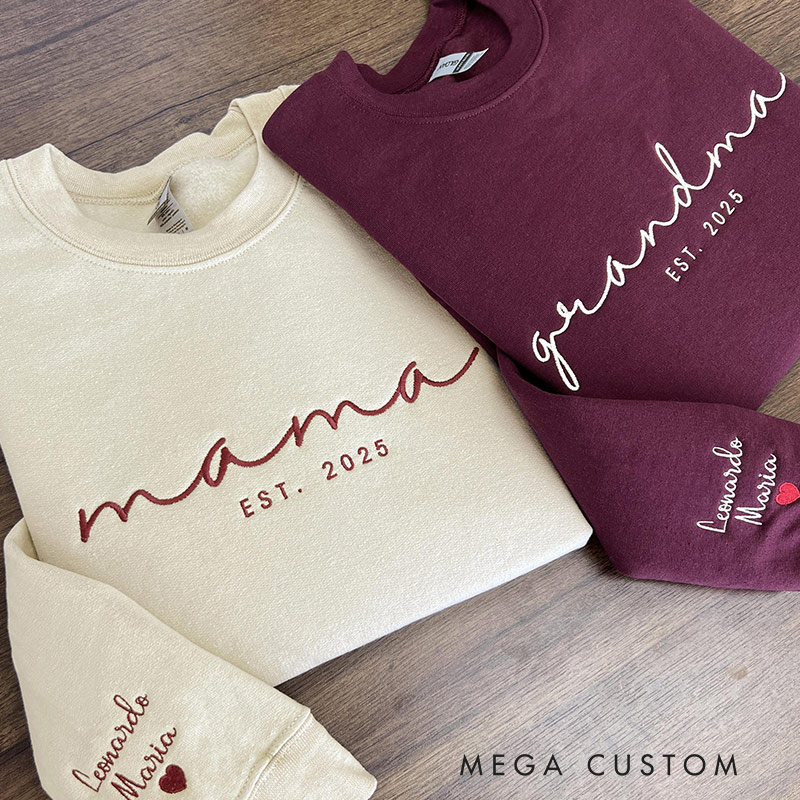 Personalized Embroidered Sweatshirt Name On Sleeve With Heart Mama Est Year Shirt Grandma Shirt With Date Gift for New Mom Mothers Day Gift