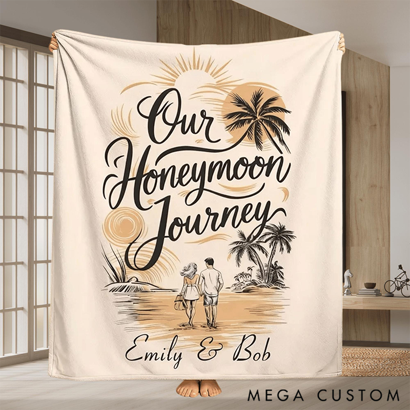 Personalized Our Honeymoon Journey Flannel Blanket Travel Essentials Valentine's Gift for Her Him
