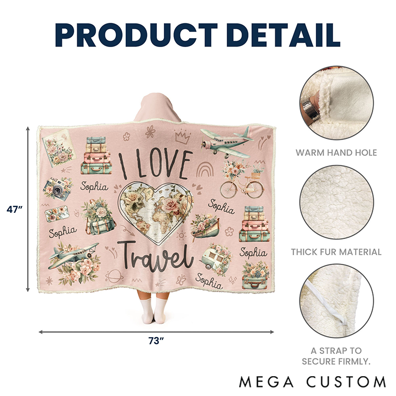 Personalized I Love Travel Blanket Hoodie Custom Wearable Blanket Hoodie with Name for Traveling Lovers