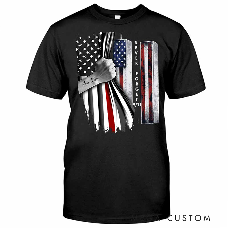 Personalized Firefighter Gifts Custom Name Never Forget 911 T Shirt American Flag Tee Memorial Shirt for Firemen Heroes