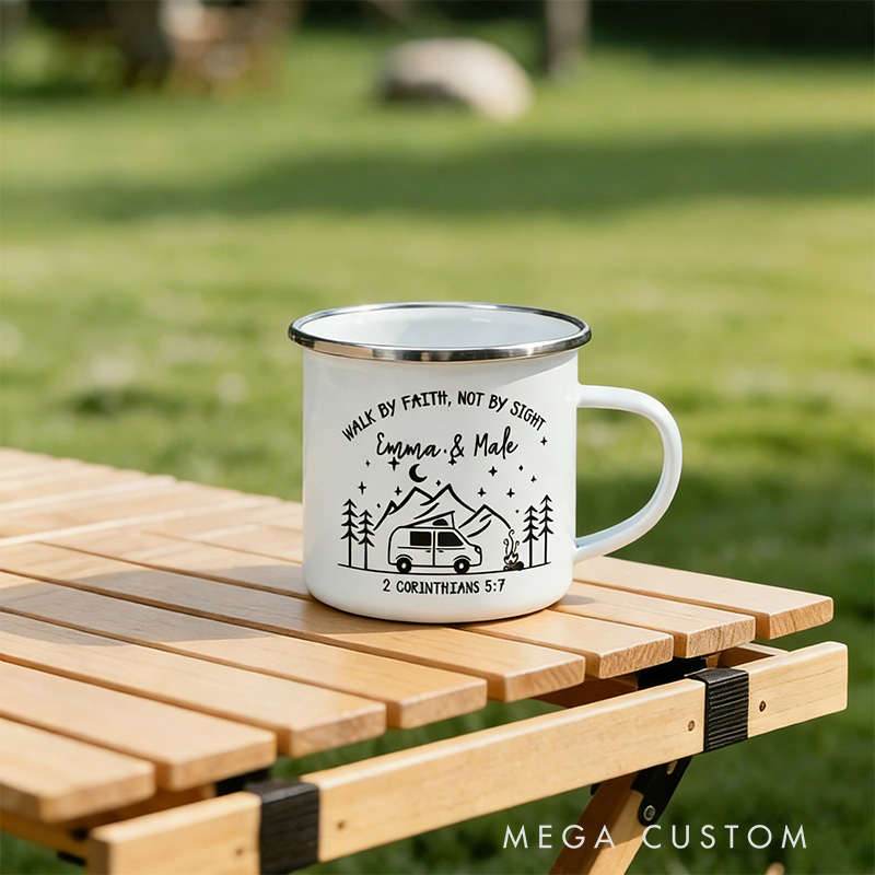 Personalized Walk by Faith Not by Sight Campfire Mountain Forest Design Enamel Mug with Custom Names Religious Gift for Couple Campfire Adventurers