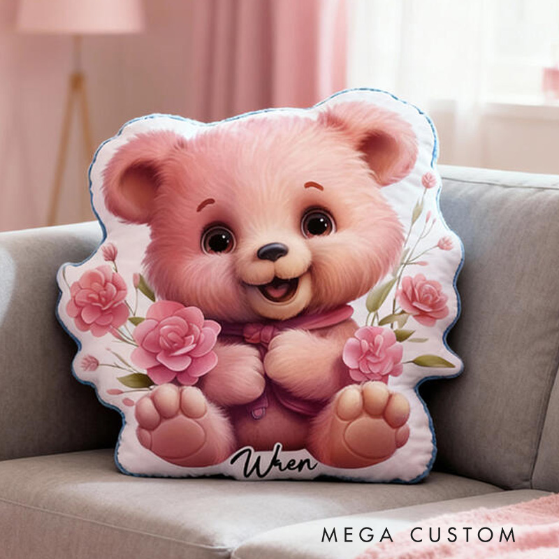 Personalized Nursery Decor Theme Custom Name Charming Pink Teddy with Floral Details 3D Print Pillow