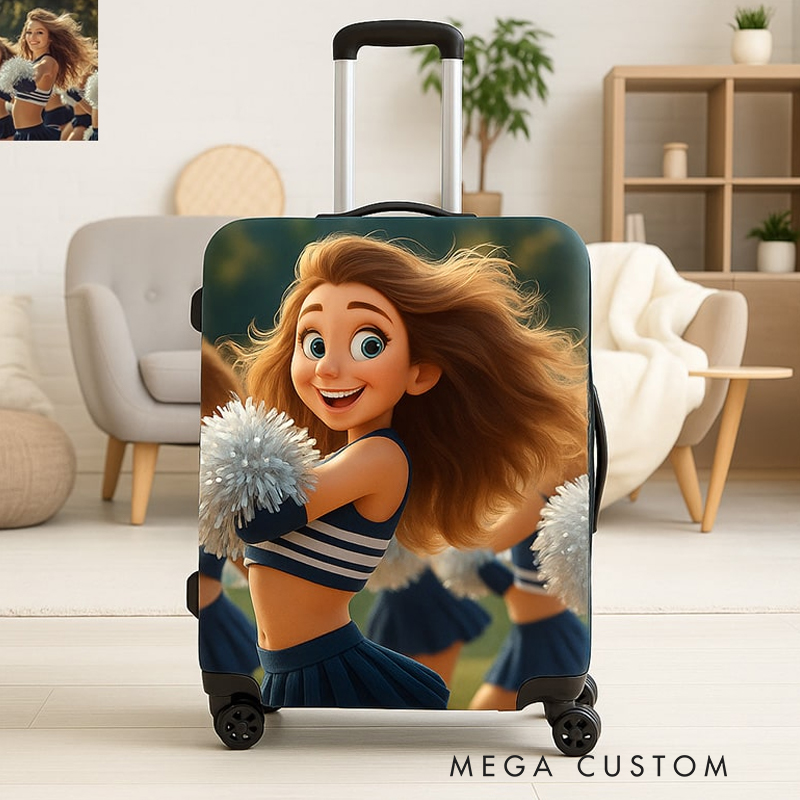 Personalized Pixar Cheerleader Luggage Cover with Custom Character Design for Cheerleader Enthusiasts 