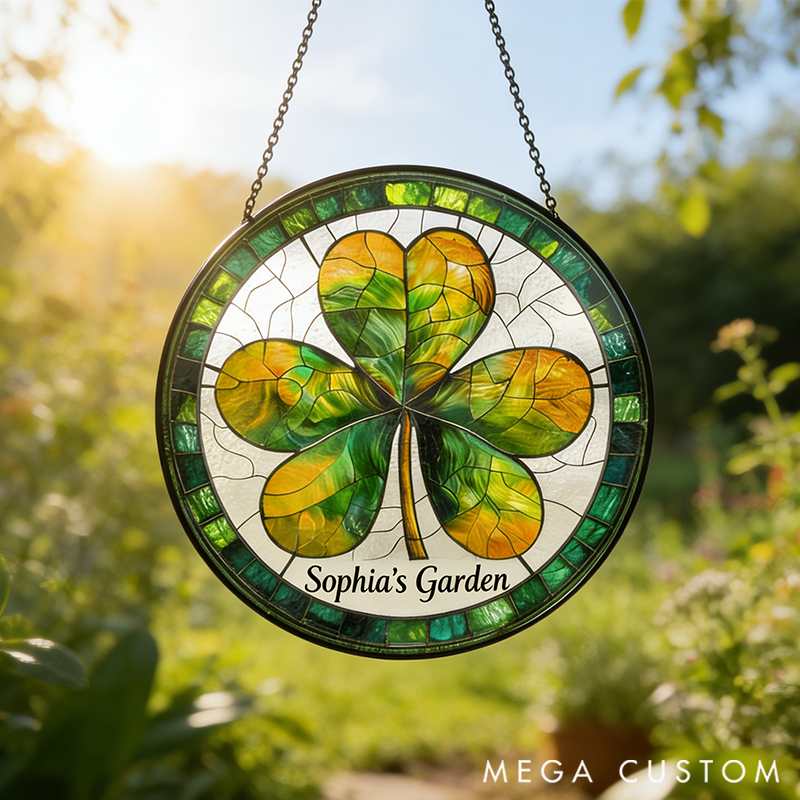 Personalized Irish Shamrock St. Patrick's Day Stained Glass Suncatcher Home Decor with Name for Gardening Lovers Mother's Day Gift