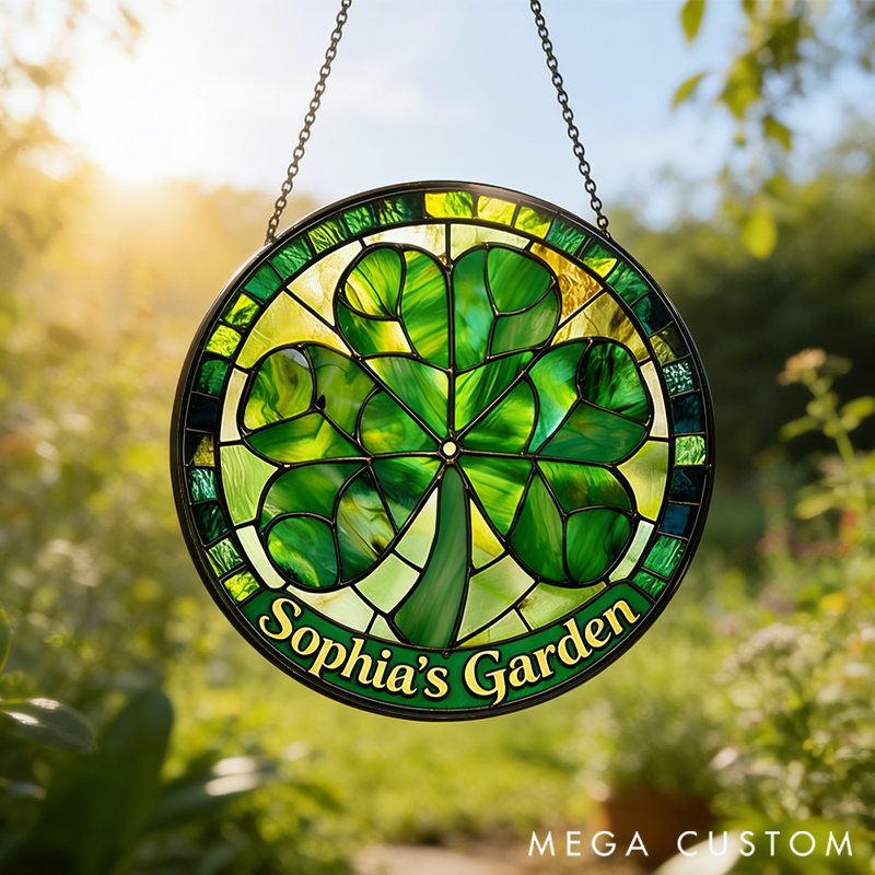 Personalized Shamrock St. Patrick's Day Stained Glass Suncatcher Home Decor with Name for Gardening Lovers Mother's Day Gift