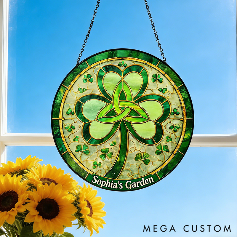 Personalized Shamrock St. Patrick's Day Stained Glass Suncatcher Home Decor with Name for Gardening Lovers St. Patrick’s Day Gift