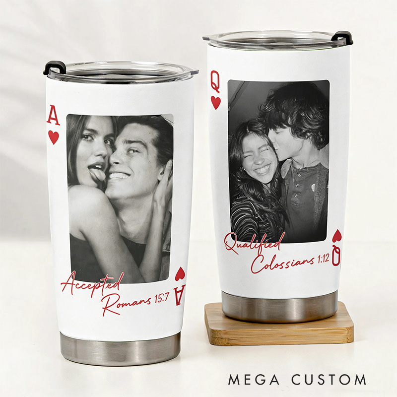 Personalized Playing Card 20oz Stainless Steel Tumbler with Custom Couples Photo and Initial Religious Bible Verse Cup Christian Gift for Couple