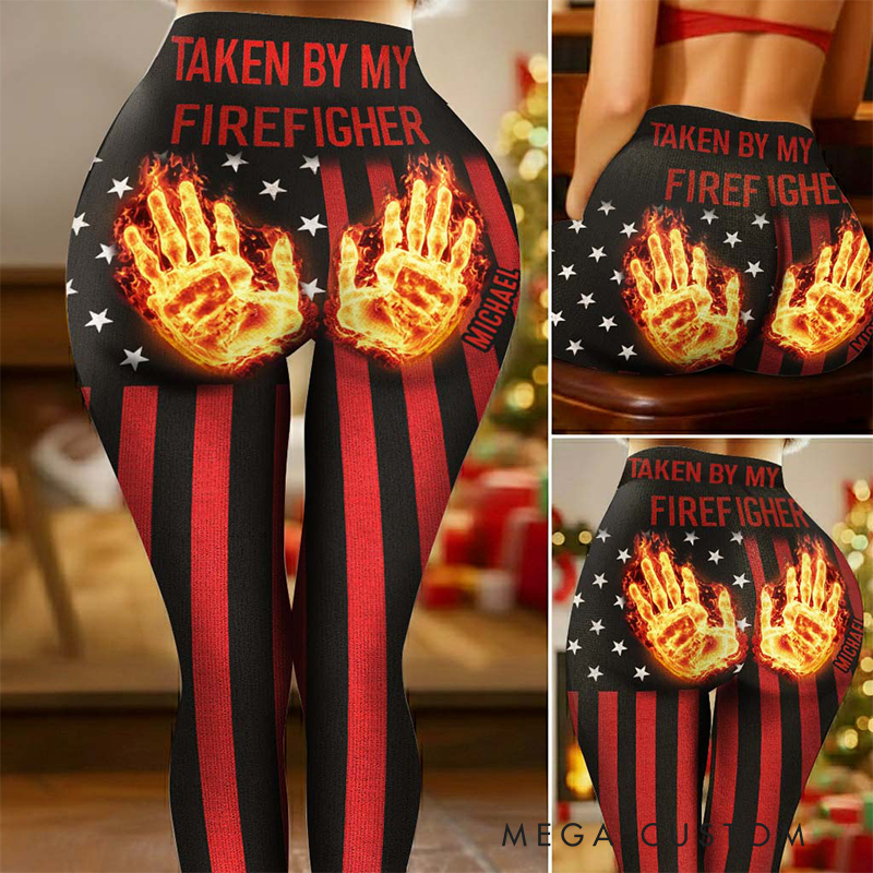 Personalized Firefighter Gifts Custom Name Taken By My Firefighter Leggings Flame Print Yoga Pants for Women Firefighter Wife Gift